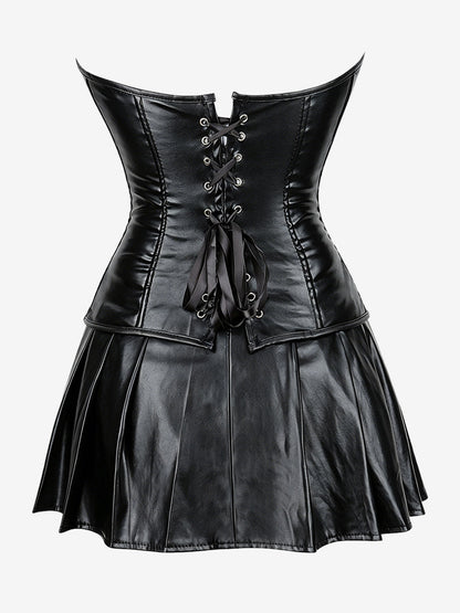 Strapless Sweetheart Faux Leather Corset Mini Dress Side Lace Up Club Outfit