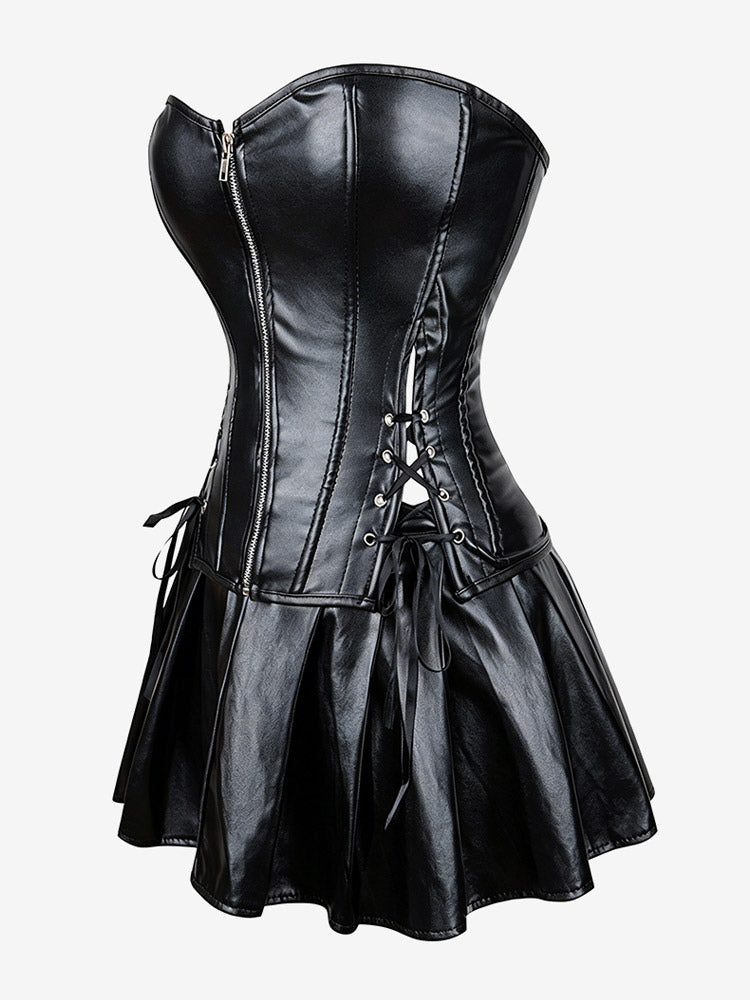 Strapless Sweetheart Faux Leather Corset Mini Dress Side Lace Up Club Outfit