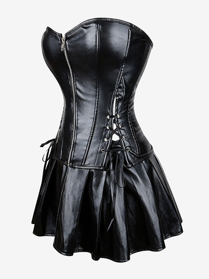 Strapless Sweetheart Faux Leather Corset Mini Dress Side Lace Up Club Outfit