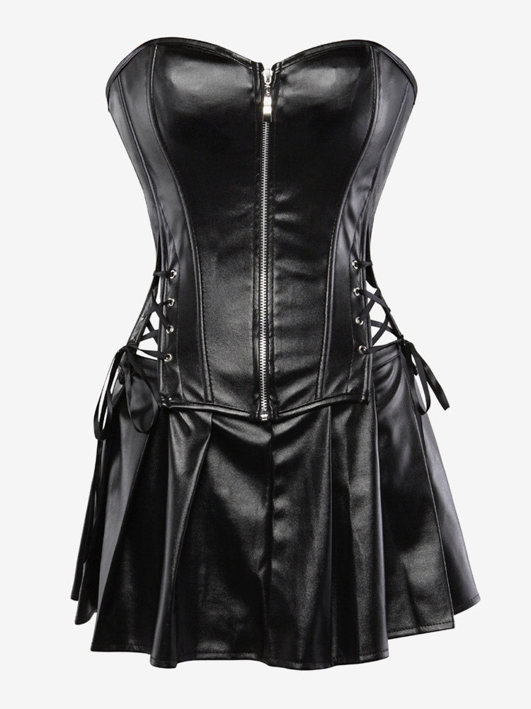 Strapless Sweetheart Faux Leather Corset Mini Dress Side Lace Up Club Outfit
