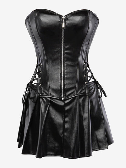 Strapless Sweetheart Faux Leather Corset Mini Dress Side Lace Up Club Outfit