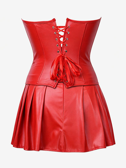 Strapless Sweetheart Faux Leather Corset Mini Dress Side Lace Up Club Outfit