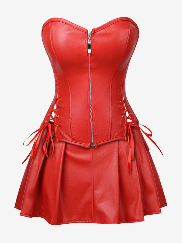 Strapless Sweetheart Faux Leather Corset Mini Dress Side Lace Up Club Outfit