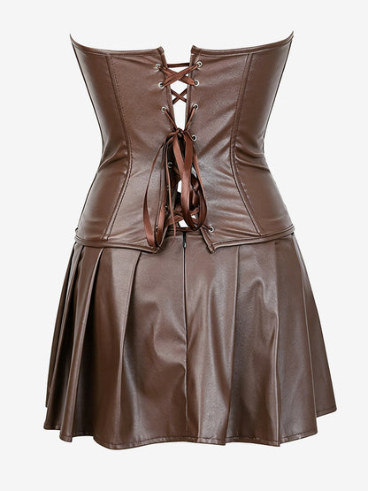 Strapless Sweetheart Faux Leather Corset Mini Dress Side Lace Up Club Outfit