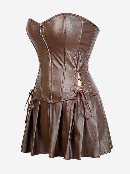 Strapless Sweetheart Faux Leather Corset Mini Dress Side Lace Up Club Outfit
