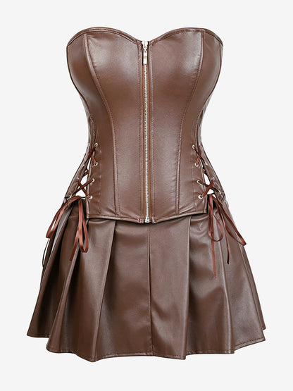 Strapless Sweetheart Faux Leather Corset Mini Dress Side Lace Up Club Outfit
