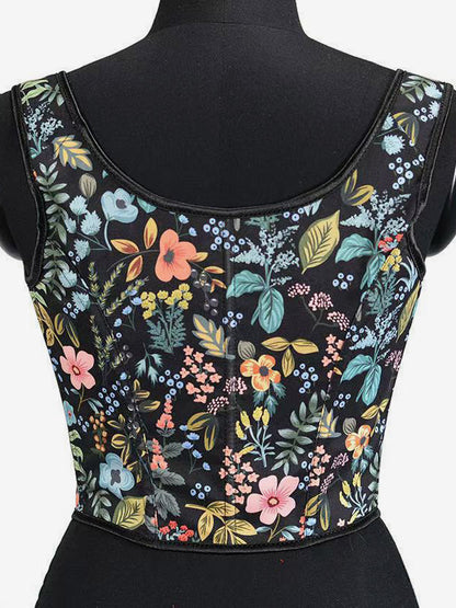 Square Neck Floral Print Tie Strap Corset Crop Camisole Front Lace Up