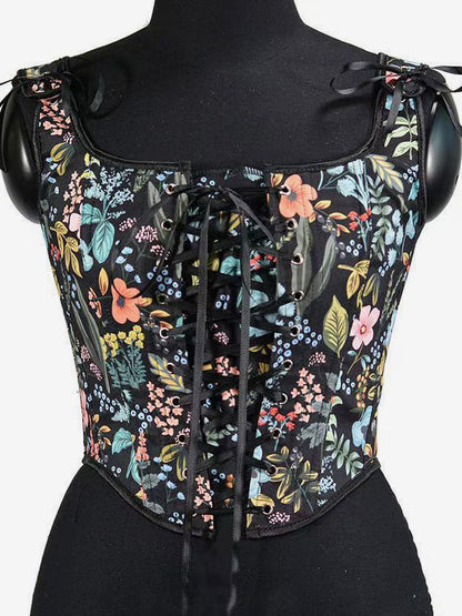 Square Neck Floral Print Tie Strap Corset Crop Camisole Front Lace Up
