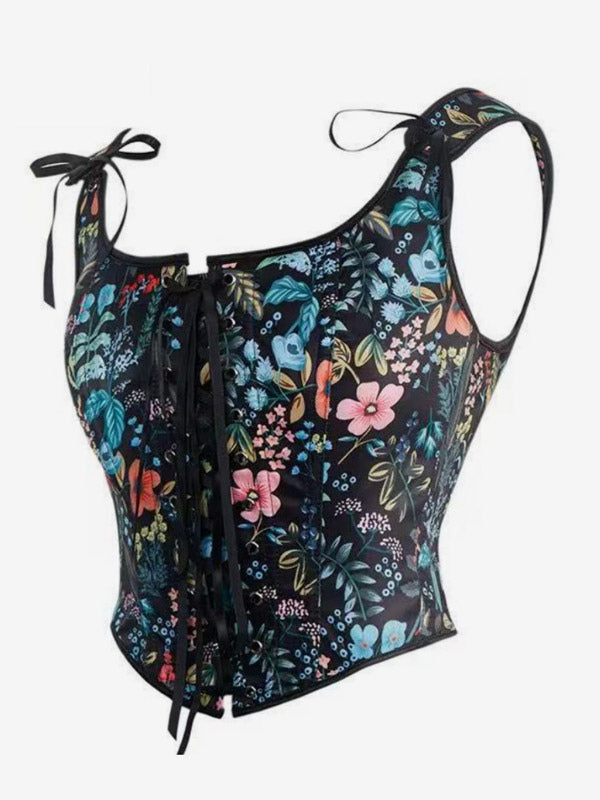 Square Neck Floral Print Tie Strap Corset Crop Camisole Front Lace Up