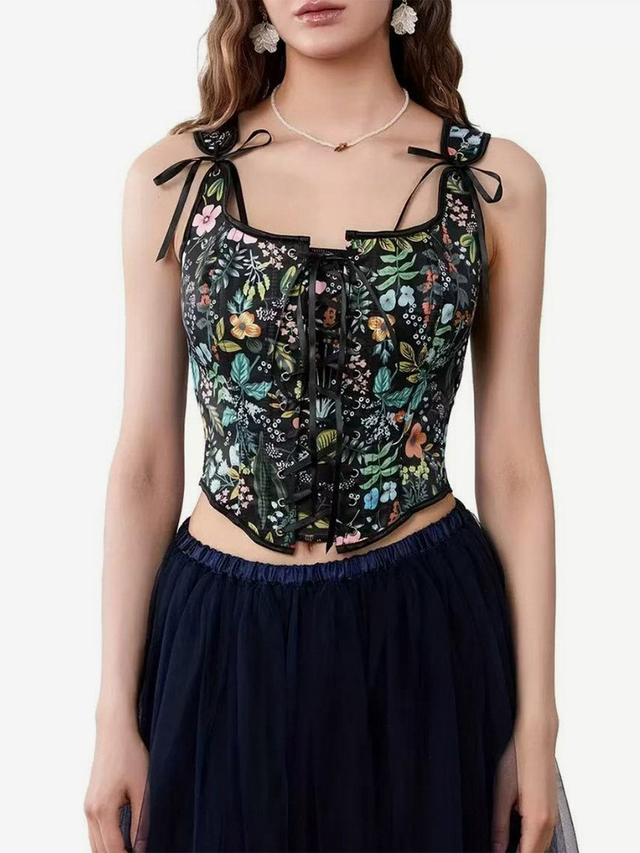 Square Neck Floral Print Tie Strap Corset Crop Camisole Front Lace Up