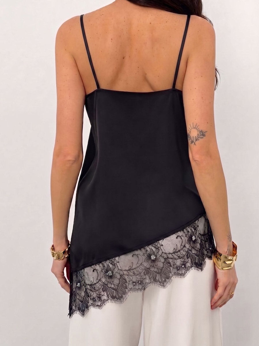 V Neck Satin Lace Asymmetrical Hem Thin Strap Cami Top