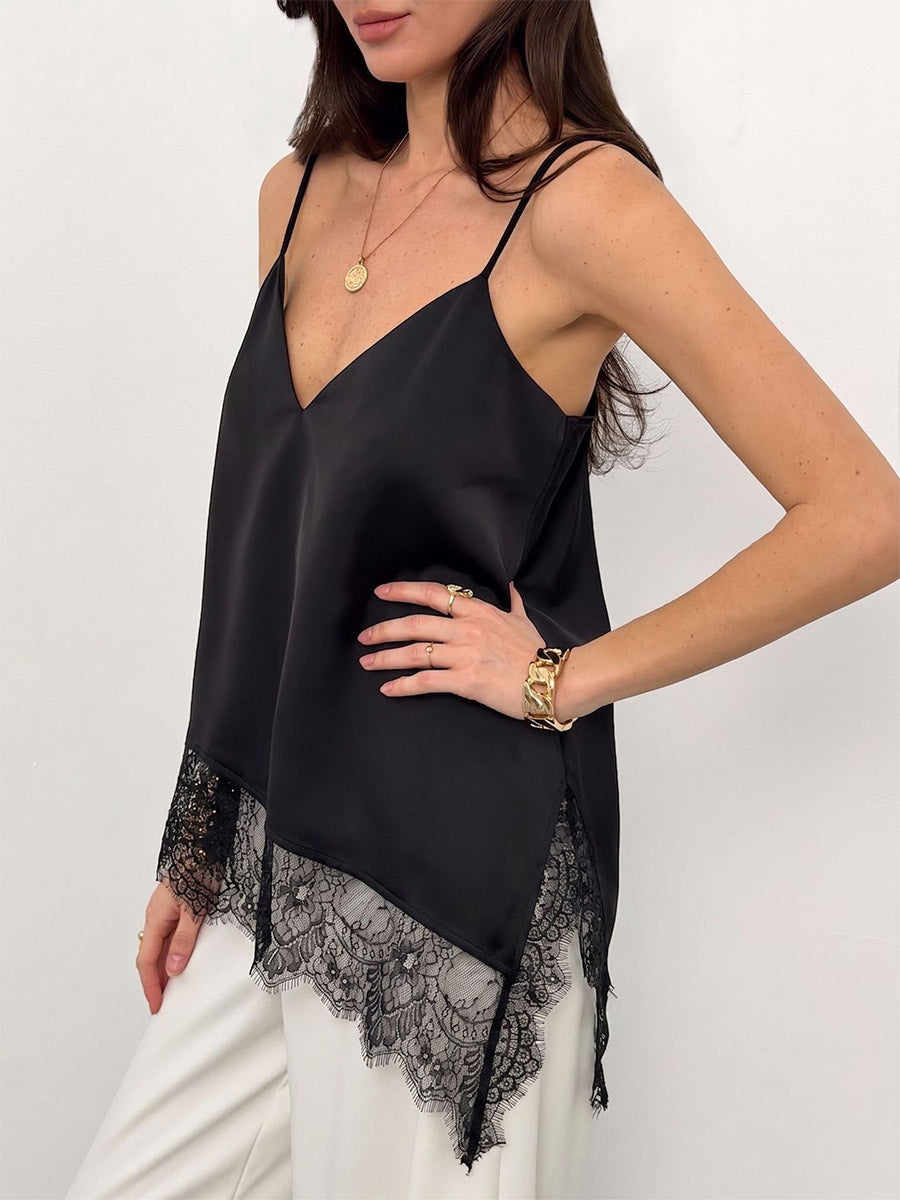 V Neck Satin Lace Asymmetrical Hem Thin Strap Cami Top