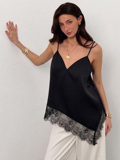 V Neck Satin Lace Asymmetrical Hem Thin Strap Cami Top