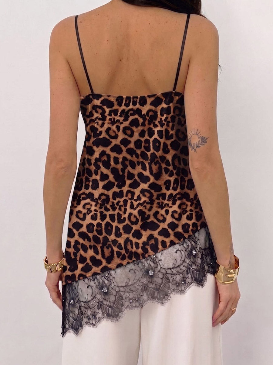 V Neck Satin Lace Asymmetrical Hem Thin Strap Cami Top