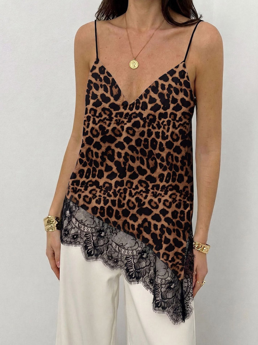 V Neck Satin Lace Asymmetrical Hem Thin Strap Cami Top
