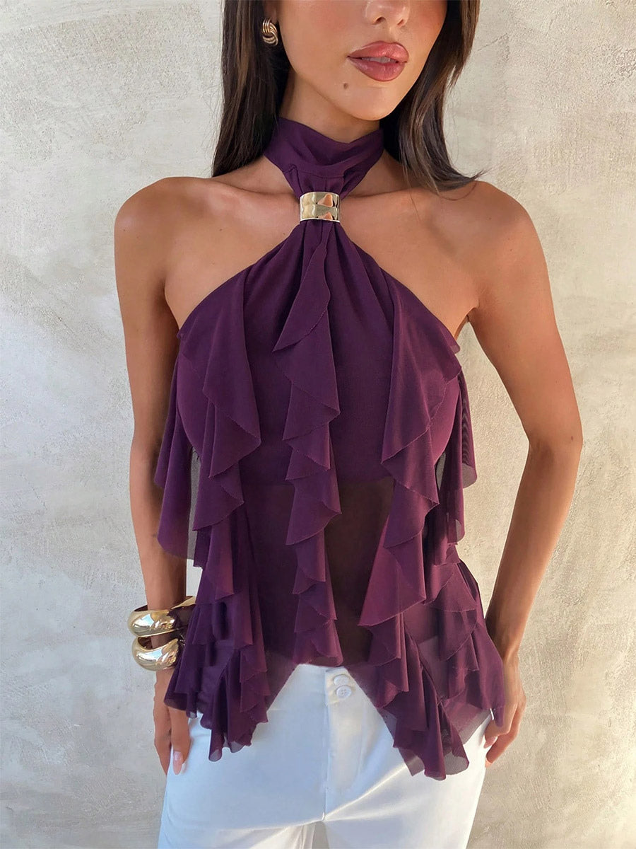 Halter Gold Buckle Ruffle Sheer Mesh Tie Back Cami Top