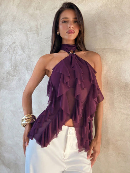 Halter Gold Buckle Ruffle Sheer Mesh Tie Back Cami Top