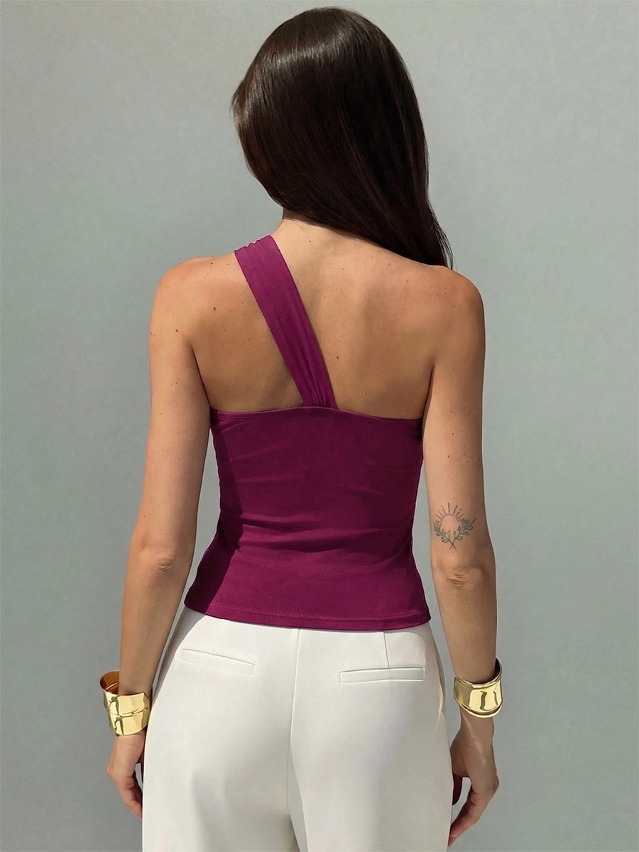 One Shoulder 3D Floral Ruched Asymmetrical Hem Sleeveless Top