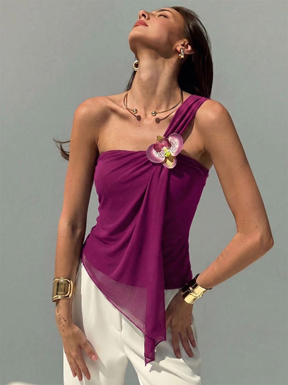 One Shoulder 3D Floral Ruched Asymmetrical Hem Sleeveless Top