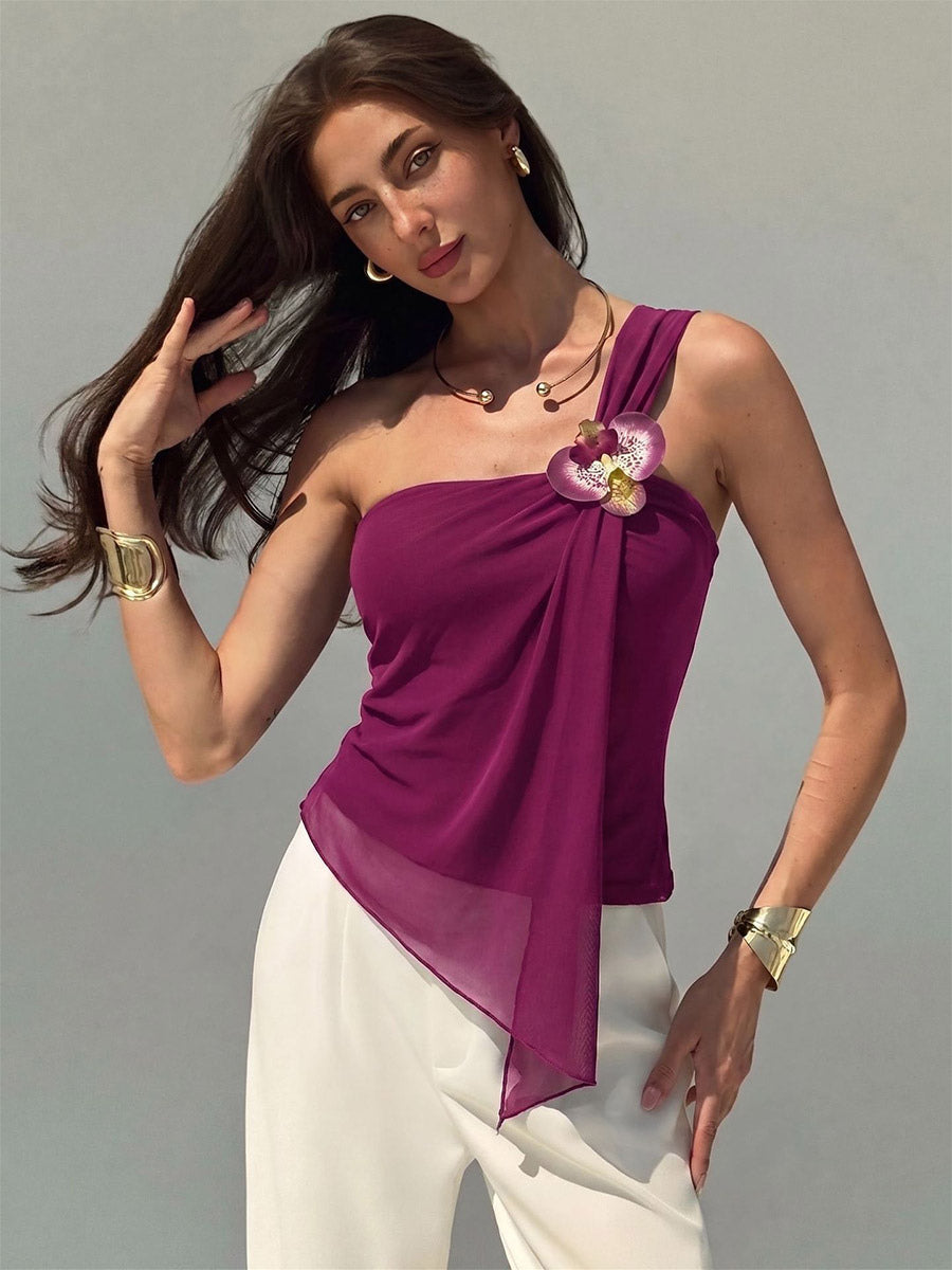 One Shoulder 3D Floral Ruched Asymmetrical Hem Sleeveless Top
