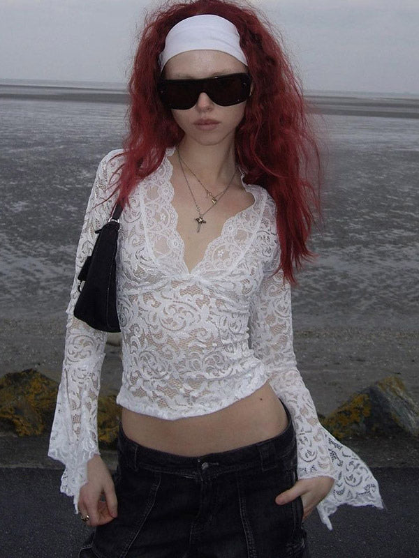 See Through Floral Lace Bell Sleeve Slim Cropped Blouse