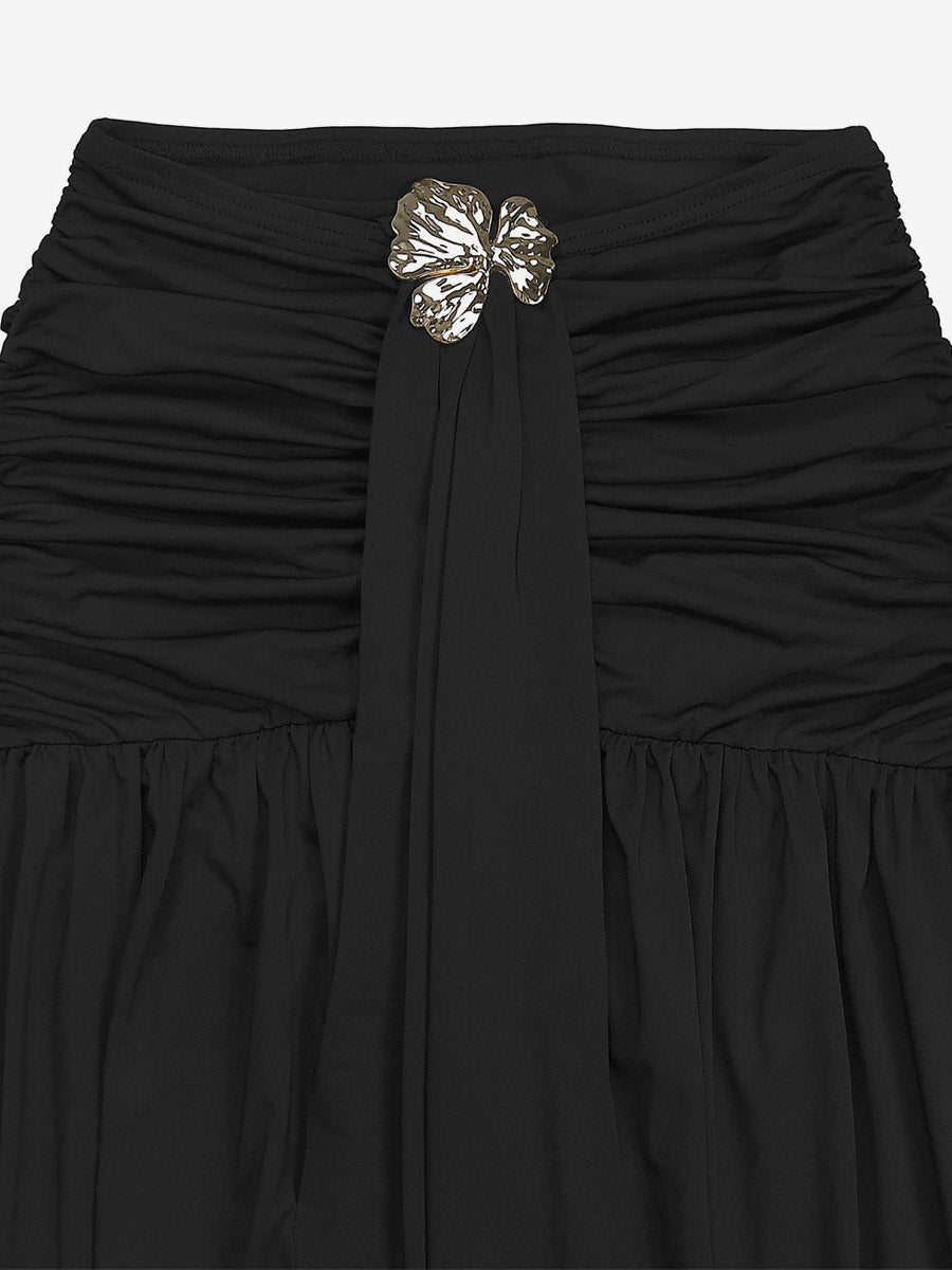 One Shoulder Crop Top Metal Buckle Ruched Maxi Skirt 2 Piece Set