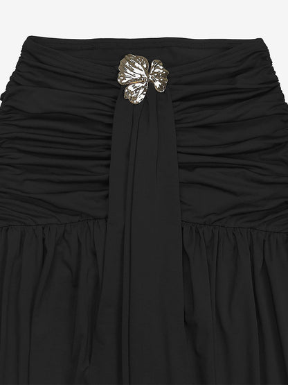 One Shoulder Crop Top Metal Buckle Ruched Maxi Skirt 2 Piece Set
