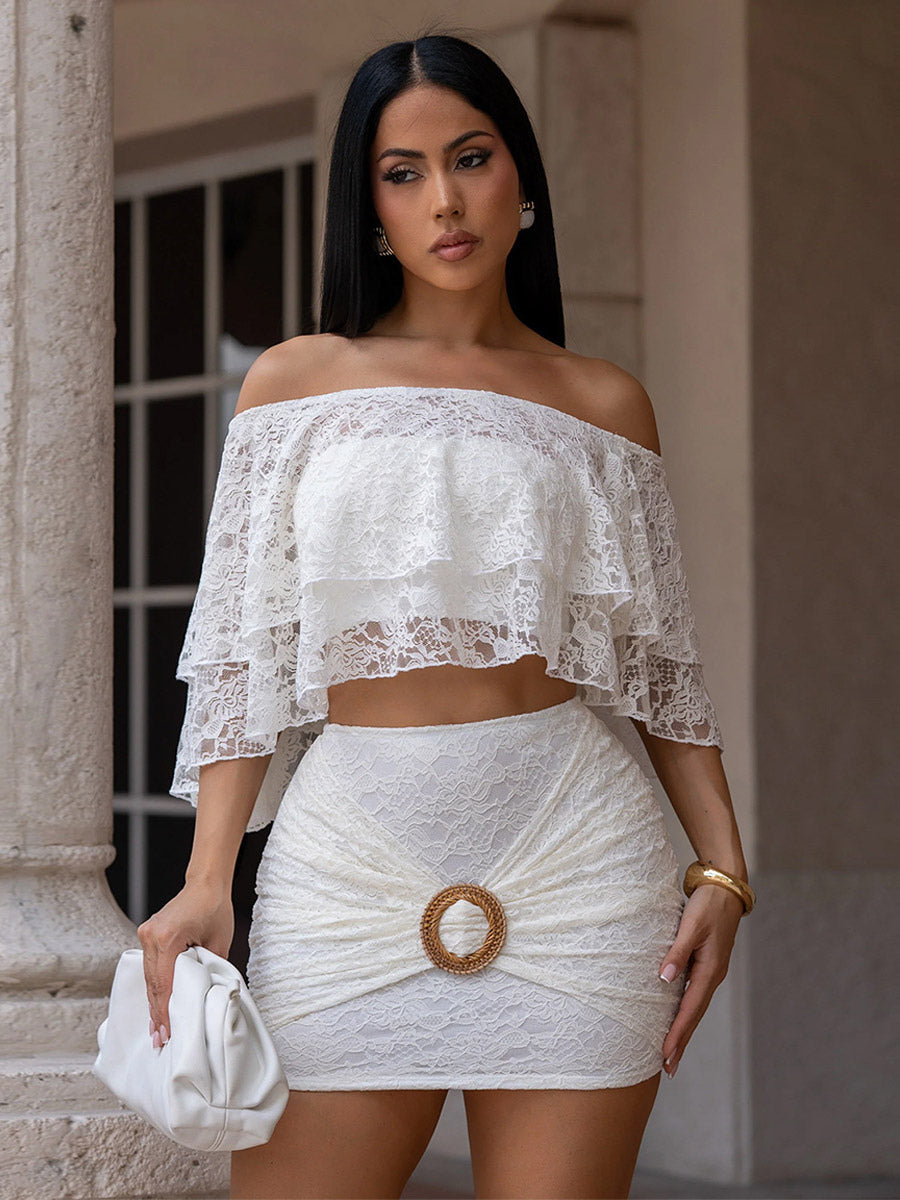 Off Shoulder Ruffle Lace Crop Top Ring Ruched Mini Skirt 2 Piece Set