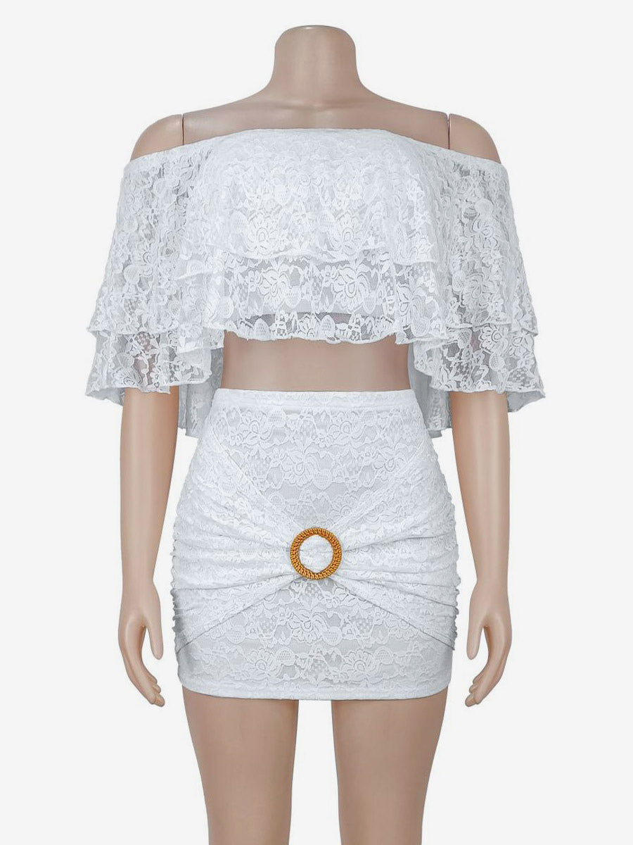 Off Shoulder Ruffle Lace Crop Top Ring Ruched Mini Skirt 2 Piece Set