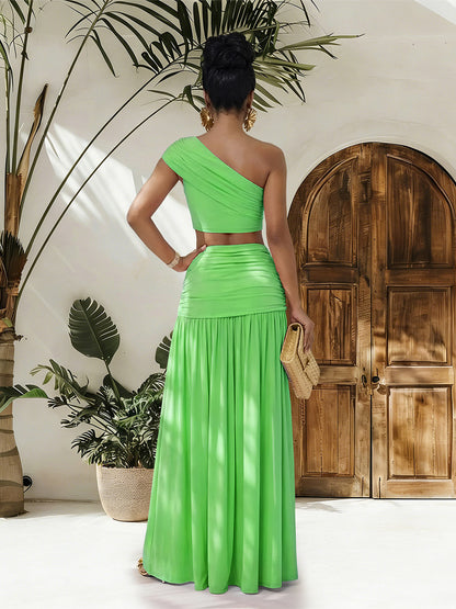 One Shoulder Crop Top Metal Buckle Ruched Maxi Skirt 2 Piece Set