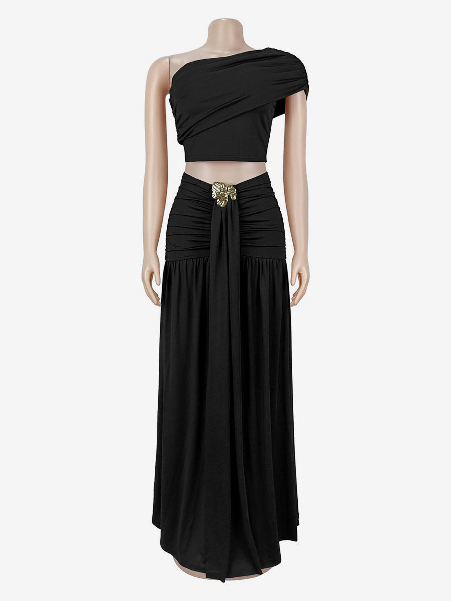One Shoulder Crop Top Metal Buckle Ruched Maxi Skirt 2 Piece Set