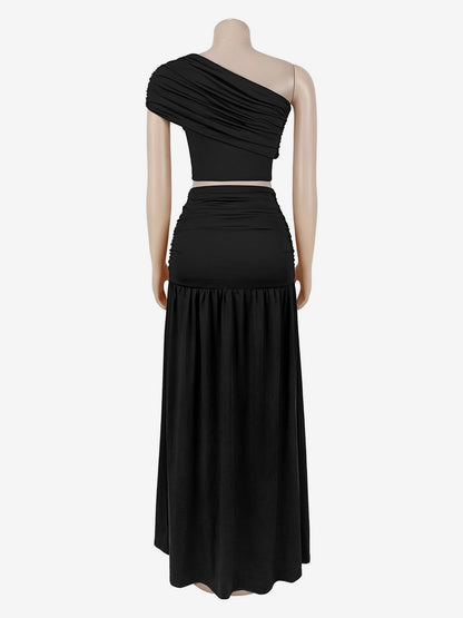 One Shoulder Crop Top Metal Buckle Ruched Maxi Skirt 2 Piece Set