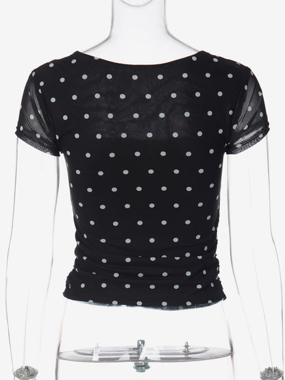 Square Neck Cap Sleeve Polka Dot Ruched Crop Top