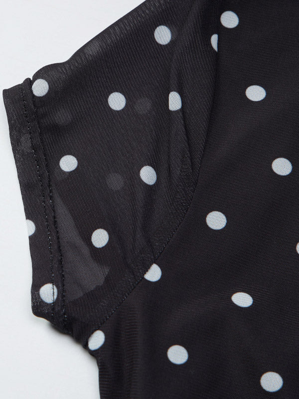 Square Neck Cap Sleeve Polka Dot Ruched Crop Top