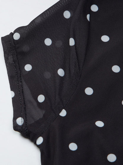 Square Neck Cap Sleeve Polka Dot Ruched Crop Top