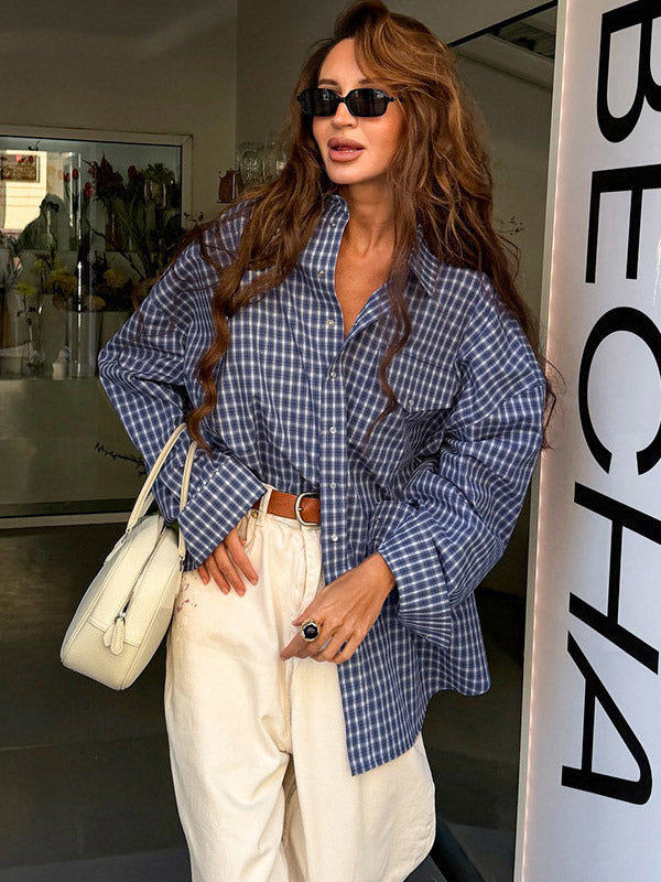 Vintage Blue Gingham Oversized Long Sleeve Button Down Shirt