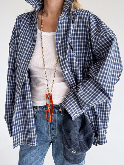 Vintage Blue Gingham Oversized Long Sleeve Button Down Shirt