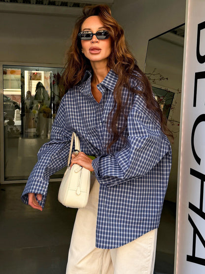 Vintage Blue Gingham Oversized Long Sleeve Button Down Shirt