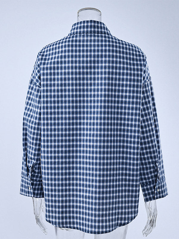 Vintage Blue Gingham Oversized Long Sleeve Button Down Shirt