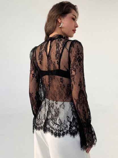 Mock Neck Sheer Floral Lace Flare Long Sleeve Layering Top