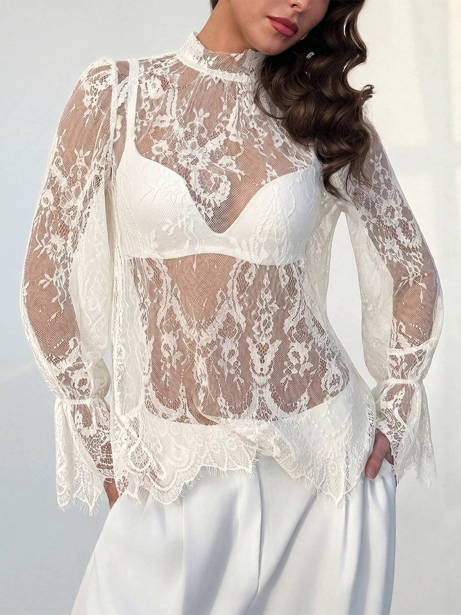 Mock Neck Sheer Floral Lace Flare Long Sleeve Layering Top