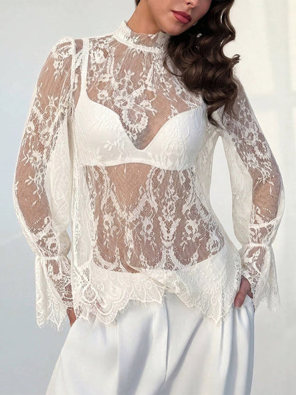 Mock Neck Sheer Floral Lace Flare Long Sleeve Layering Top