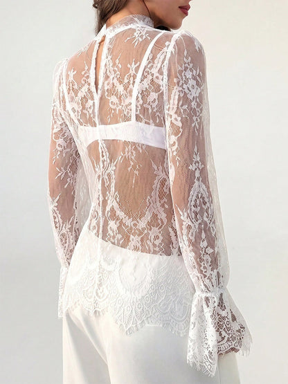 Mock Neck Sheer Floral Lace Flare Long Sleeve Layering Top