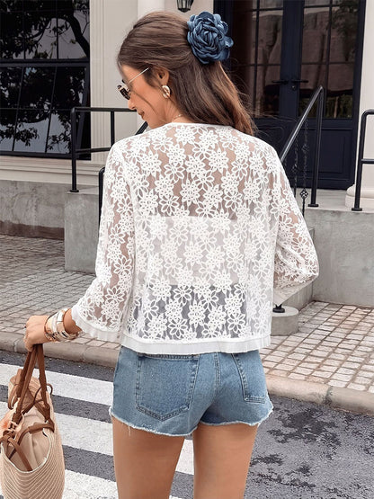 V Neck 3/4 Sleeve Floral Lace Open Front Cardigan Cover Up