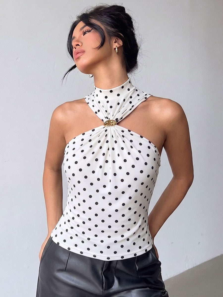 Halter Cutout Polka Dot Sleeveless Slim Cami Top