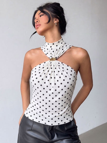 Halter Cutout Polka Dot Sleeveless Slim Cami Top