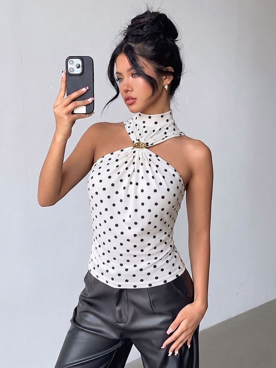 Halter Cutout Polka Dot Sleeveless Slim Cami Top