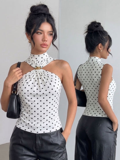 Halter Cutout Polka Dot Sleeveless Slim Cami Top
