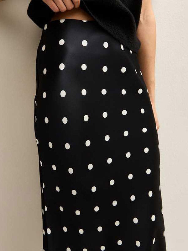 Polka Dot Satin Midi Skirt High Waist Slim Fit Lace Hem Elegant Formal Party Pencil Skirt