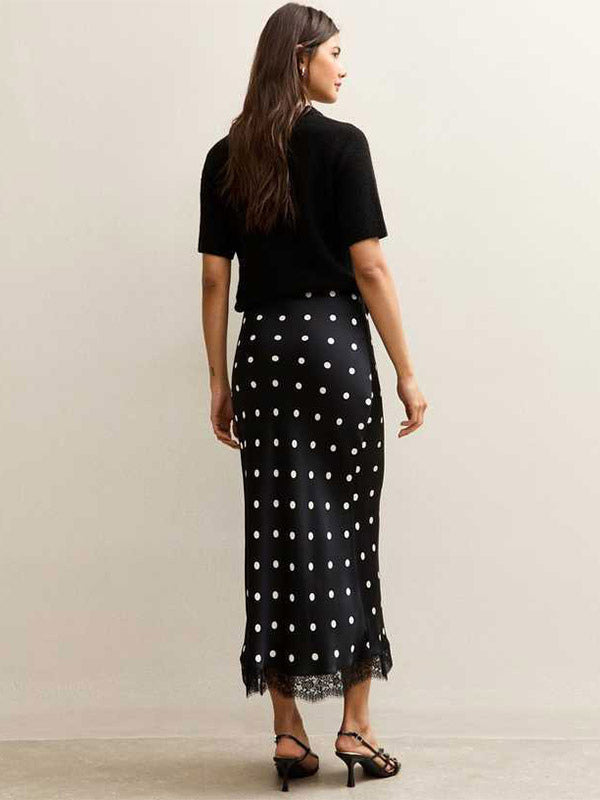 Polka Dot Satin Midi Skirt High Waist Slim Fit Lace Hem Elegant Formal Party Pencil Skirt